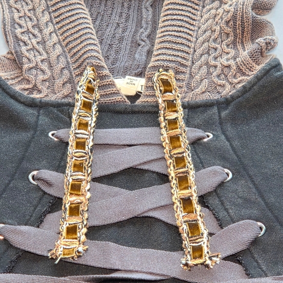 POL Rebel Lace Up Knit Hoodie Mineral Wash Brown Black Small NWOT - Picture 6 of 16